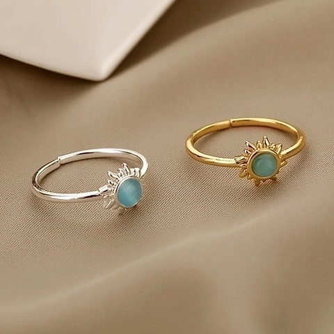 Anello Aperto Regolabile in Ottone Minimalista da Donna Design Sole Luna Stella Placcato Oro Argento Pietra Occhio di Gatto