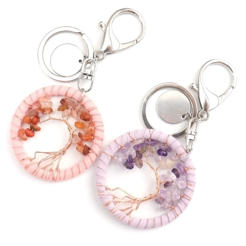 Handcrafted Tree Of Life Keychain Natural Stone Chips Pendant Copper Wire Wrapped Suede Rope Bag Charm Jewelry For Women