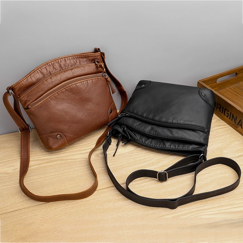 Women Retro PU Leather Shoulder Bag Multi-Layer Zipper Crossbody Bag With Rivets Casual Fashion Solid Color Handbag