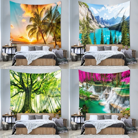 Arazzo Da Parete Paesaggio Natura Tessuto Poliestere Cascata Foresta Tramonto Sfondo Decorazione Per Soggiorno Camera Da Letto
