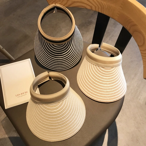 Damen Stroh Sonnenblende Hut Gestreift Breite Krempe UV Schutz Sommer Strand Oben Offen Atmungsaktiv Mode Accessoire