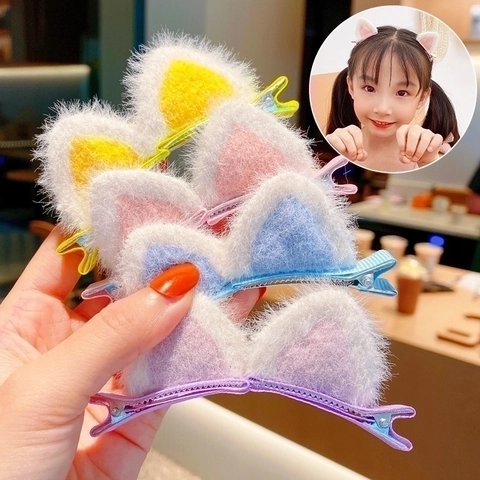 Cute Plush Cat Ears Hair Clips For Kids Girls 3D Animal Furry Barrettes Handmade Pair Bowknot Duckbill Costume Hairpins Accessories