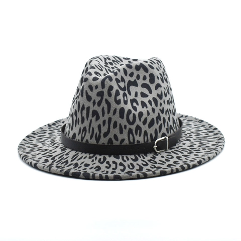 Leopard Print Fedora Hat Wide Brim Cotton Polyester Felt Jazz Cap With Leather Belt Buckle Fashion Retro Unisex Style