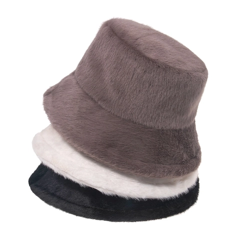 Women Winter Thickened Plush Bucket Hat Warm Mink Hair Faux Fur Basin Hat Windproof Ear Protection Soft Solid Color Hat
