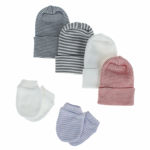 Newborn Baby Hat And Gloves Soft Knitted Cotton Striped Double Layer Thickened Infant Hospital Cap Anti Scratch Mitten