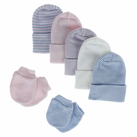 Newborn Baby Hat And Gloves Soft Knitted Cotton Striped Double Layer Thickened Infant Hospital Cap Anti Scratch Mitten