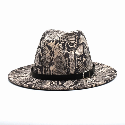 Cappello Fedora Stampa Serpente Cotone Poliestere Tesa Larga Piatta Berretto Jazz Con Cinturino In Pelle Per Uomo Donna