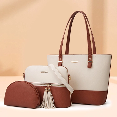 Gestructureerde PU Leren Color Block Totetas Schoudertas En Etui Met Kwastje Voor Dames Dagelijks Woonwerkverkeer Kantoor