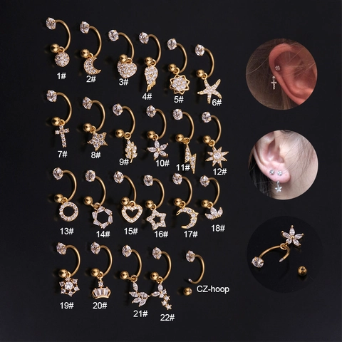 C-Vormige Oorkraakbeen Piercing Studs Roestvrijstalen Staaf Zirkoon Hanger Hart Ster Maan Bloem Lichaamssieraden Voor Dames
