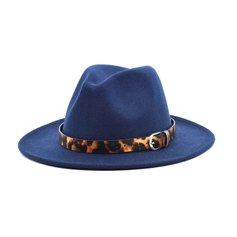 Fedora Hat Vintage Wide Brim Woolen Felt Jazz Cap With Leopard Print Band Metal Buckle Men Women British Style Solid