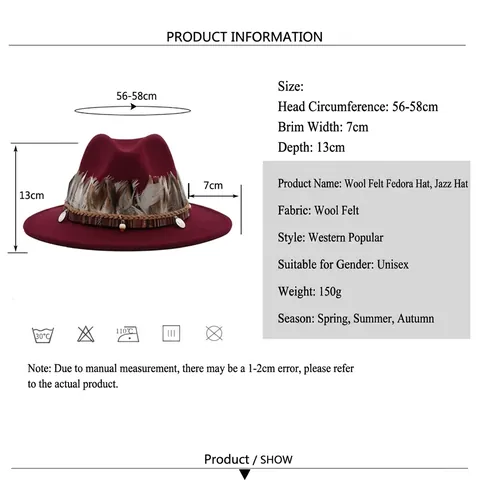 Ethnic Bohemian Wide Brim Fedora Hat Feather Decoration Braided Band Cotton Polyester Blend Woolen Felt Jazz Hat For Unisex