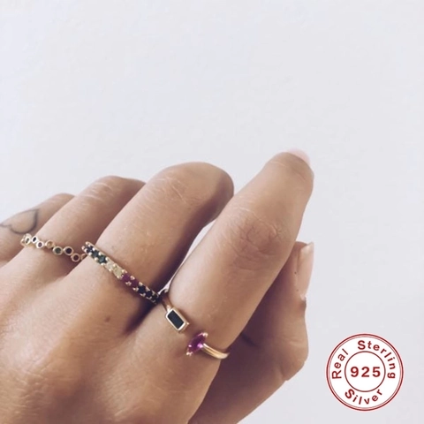 Anello In Argento Sterling 925 Aperto Regolabile Irregolare Zircone Colorato Minimalista Geometrico Elegante Da Donna