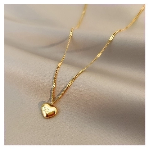 Collar con Colgante de Corazón de Acero Inoxidable Minimalista para Mujer Oro Plata Letra Love Grabada Joyería