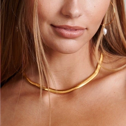 Flat Herringbone Chain Necklace Stainless Steel Minimalist Snake Bone Choker For Women Adjustable Gold Silver