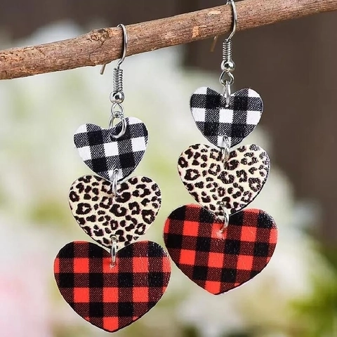 Valentinstag Wassertropfen Herz Ohrhänger PU Leder Karomuster Leopard Druck Böhmische Mode Eisen Haken Für Frauen