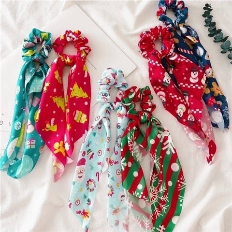 Christmas Hair Scrunchie With Long Streamer Satin Ribbon Bow Elastic Hair Tie Festive Holiday Hair Accessory Women Girls