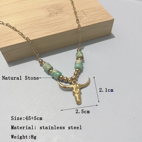 Collana con Pendente a Teschio di Toro in Acciaio Inossidabile Boho per Donna Perline in Pietra Naturale Gioielli Etnici