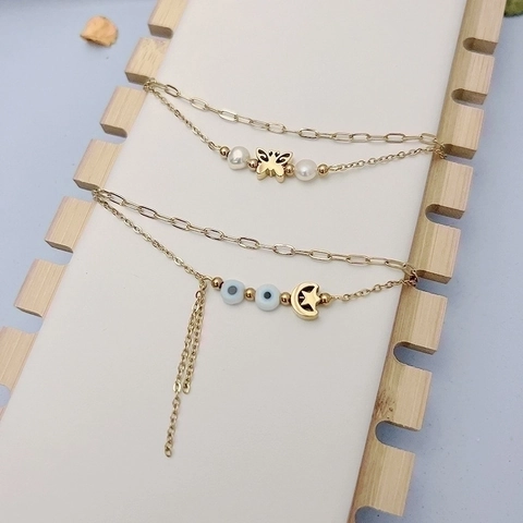 Bracciale Con Ciondoli A Doppio Strato Acciaio Inossidabile Placcato Oro 18K Farfalla Perla Artificial Stella Luna Malocchio Donne