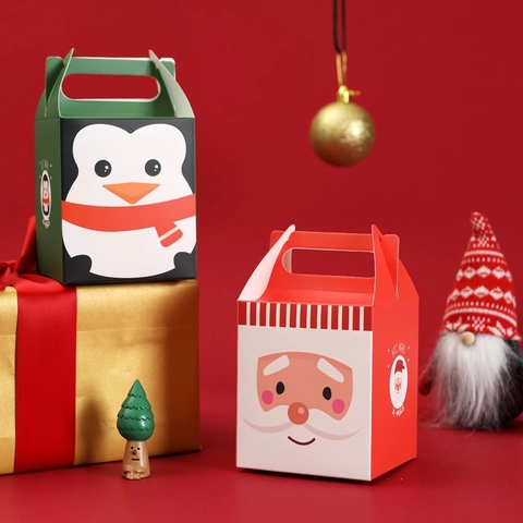 Christmas Gift Boxes Paper Portable Handle Cartoon Santa Snowman Reindeer Penguin For Holiday Candy Packaging