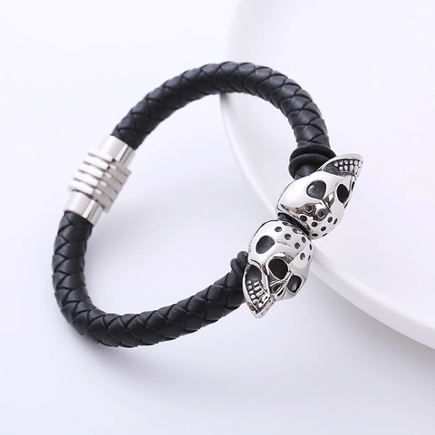 Herren Geflochtenes Lederarmband Mit 316L Edelstahl Totenkopf Charms Punk Magnetverschluss Armreif Schmuck Gothic