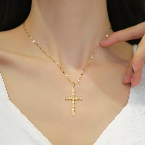Gouden Kruis Hanger Ketting Roestvrij Staal Koper Zirkonia Sleutelbeen Ketting Minimalistische Religieuze Sieraden Dames