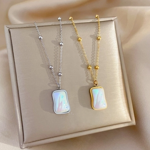 Minimalist Titanium Steel Necklace Rectangular Iridescent Mother Of Artificial Pearl Pendant Gold Plated Bead Chain Jewelry For Women