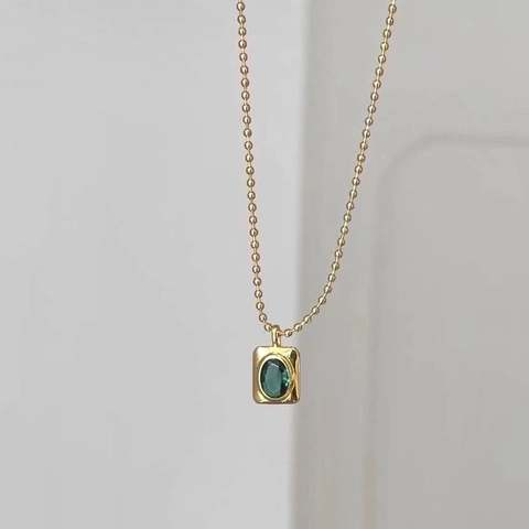 Pendant Necklace Stainless Steel Emerald Green Cubic Zirconia Square Plate Ball Chain Retro Clavicle For Women