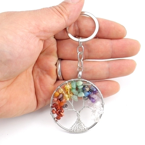 Tree Of Life Keychain Natural Stone Copper Wire Wrapped Round Pendant Bag Hanging Charm Bohemian Jewelry Accessory For Gift