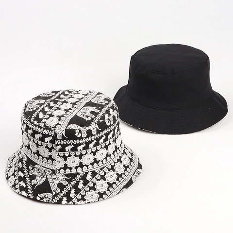 Cappello Alla Pescatora Reversibile Tela Etnico Elefante Stampa Floreale Protezione Solare Traspirante Per Donne