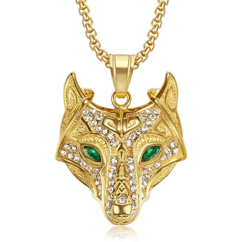 Collana Con Ciondolo Testa Di Lupo Acciaio Inossidabile Placcato Oro Strass Occhi In Zircone Verde Hip Hop Vichingo Celtico Punk Gioielli