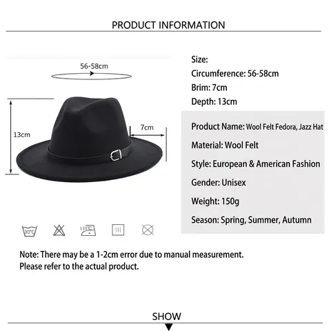 Vintage British Style Fedora Hat Wide Brim Solid Color Woolen Feel Cotton Polyester Blend With Buckle Belt Decor Elegant