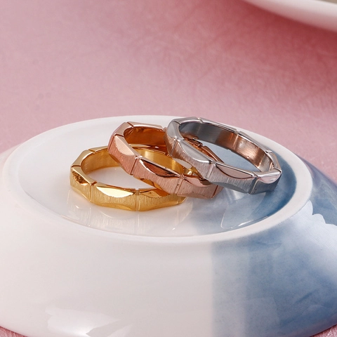 Stainless Steel Ring Bamboo Segment Design Geometric Brushed Polished Minimalist Jewelry For Women