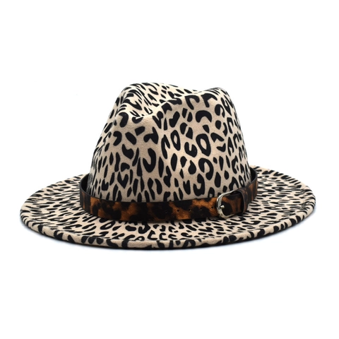 Leopard Print Fedora Hat Vintage Wide Brim Flat Top Jazz Cap With Belt Buckle Cotton Polyester Unisex Retro