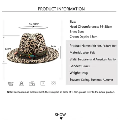 Cappello Fedora Leopardato Tesa Larga Feltro Di Lana Fascia Etnica Boho Turchese Nappa Jazz Unisex