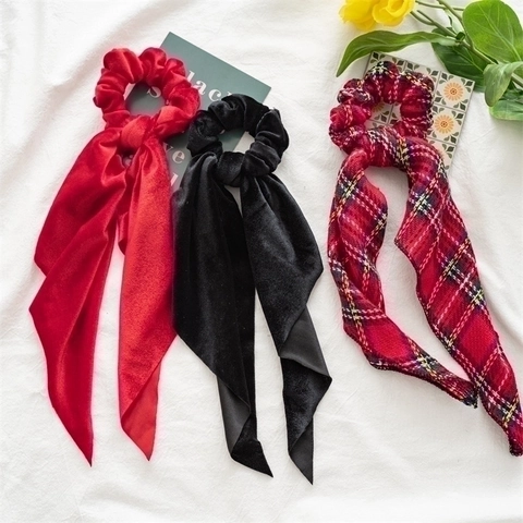 Kerst Scrunchies Met Lange Lint Stroomlijnen Fluweel Rood Groen Plaid Boog Elastische Haarbanden Voor Vrouwen Vakantie