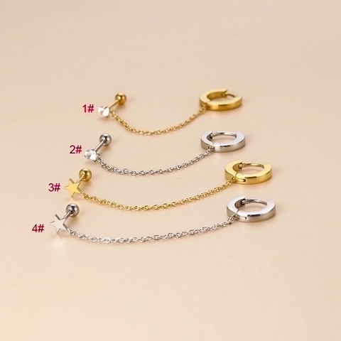 Roestvrijstalen Ketting Verbonden Knop En Ring Oorbellen Voor Vrouwen Strass Ster Oorbel Kraakbeen Piercing Sieraden