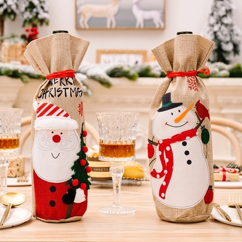 Christmas Wine Bottle Cover Burlap Santa Snowman Embroidered Drawstring Dining Table Decoration Festive Party Gift Bag