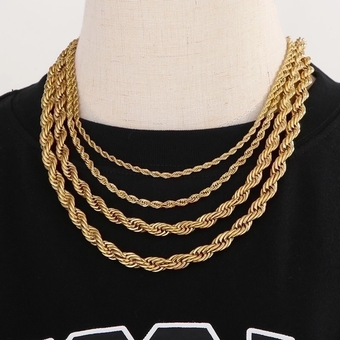 Rope Chain Necklace 18K Gold Plated Titanium Steel Twist Link Hip Hop Punk Style For Men Women Tarnish Resistant Jewelry
