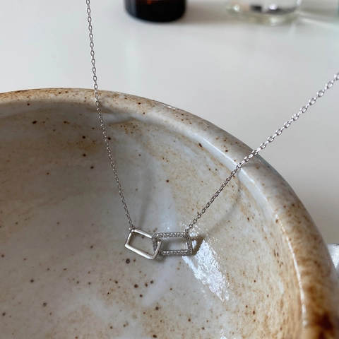 Collana Con Pendente A Doppio Rettangolo Intrecciato Argento Sterling 925 Zirconia Cubica Gioielli Minimalisti Geometrici Donna
