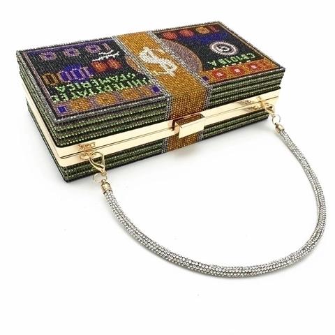 Rhinestone Money Stack Clutch Bag Dollar Bill Pattern Evening Purse Luxury Sparkly Hard Shell Handbag With Detachable Metal Chain For Women Party Wedding