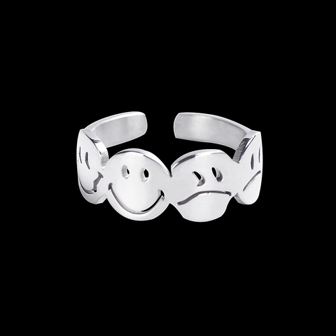 Hip Hop Smiley Crying Face Open Ring Titanium Steel Adjustable Band Trendy Unisex Finger Ring Fashion Jewelry Gift Silver Color