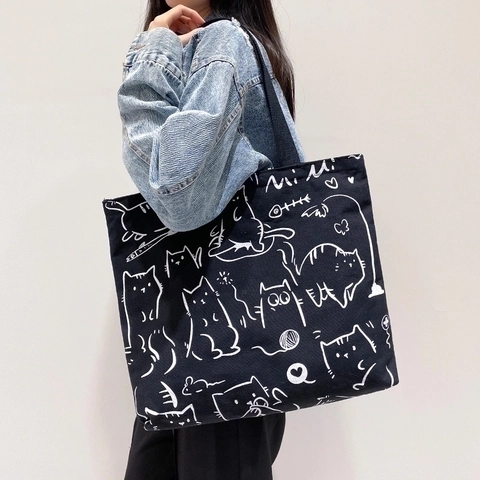 Women Large Capacity Canvas Tote Bag Cartoon Print Aesthetic Shopping Handbag For Students Casual Shoulder Bag