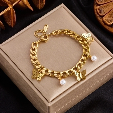 Pulsera De Colgante De Mariposa Acero Inoxidable Perla Artificial Cadena Bañada En Oro Irregular Joyería Mujer Diseño Elegante