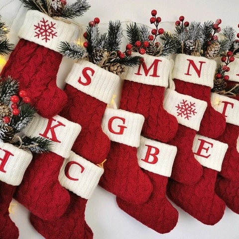 Calza Di Natale In Maglia Con Lettera Alfabeto Ricamata Maglia A Trecce Rosso Bianco Decorazione Da Appendere Albero Camino