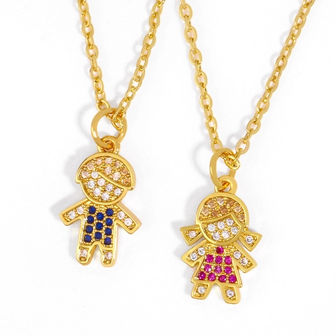 Collana Con Ciondolo Bambino E Bambina Cartone Animato Rame Placcato Oro 18K Con Zirconia Gioielli Hip Hop Per Coppie