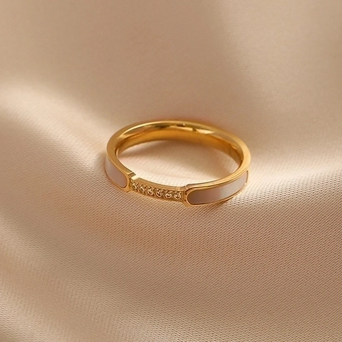 Japanse Stijl Luxe Titanium Staal Schelp Ring Voor Vrouwen Roségoud Geometrische Strass Ingelegde Band Ring Mode Sieraden Cadeau