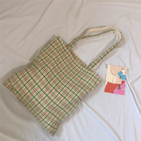Karierte Baumwolle Canvas Tote Bag Große Kapazität Plaid Schulter Handtasche Für Frauen Künstlerischer Einfacher Frischer Stil