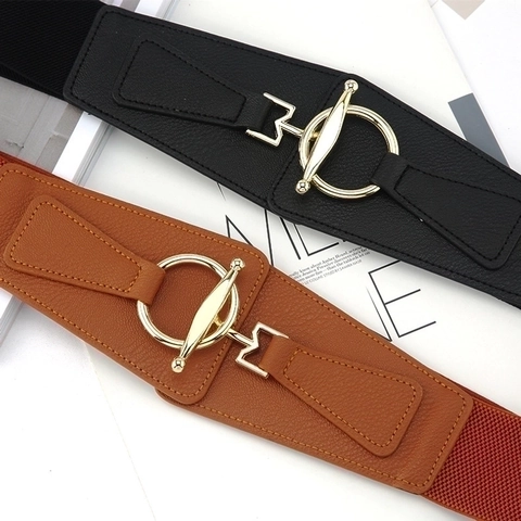 Cintura Corsetto Larga Da Donna Pelle PU Vita Elastica Fibbia Dorata Rotonda A T Accessorio Decorativo Di Moda Per Abiti