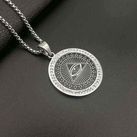 Hip Hop Titaniumstaal Alziend Oog Hanger Ketting Goud Zilver Strass Alziend Oog Medaillon Sieraden Voor Dames Heren