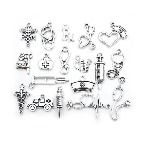 Antik Silber Medizinische Charms Zinklegierung Stethoskop Spritze Krankenschwester Hut Anhänger Für DIY Armband Schmuck